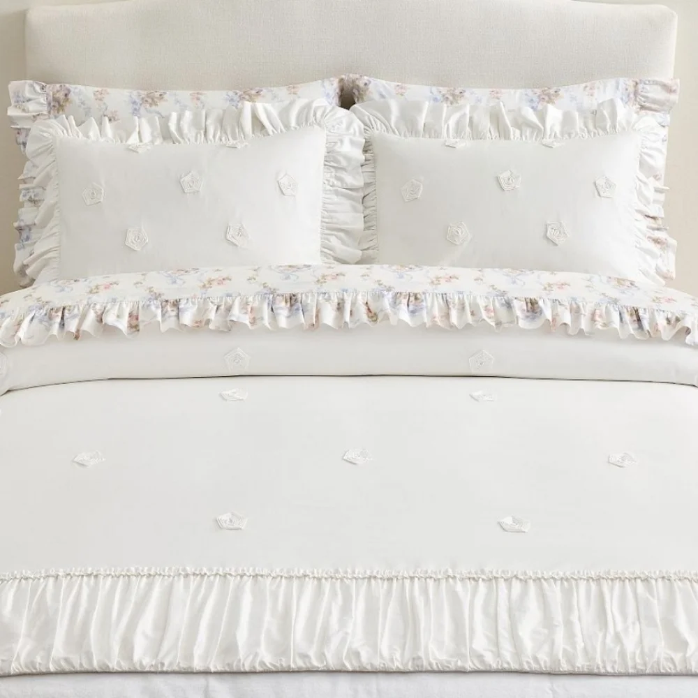 LoveShackFancy White Embellished Rosette Duvet Cover,King/Cal. King, Retail $329
